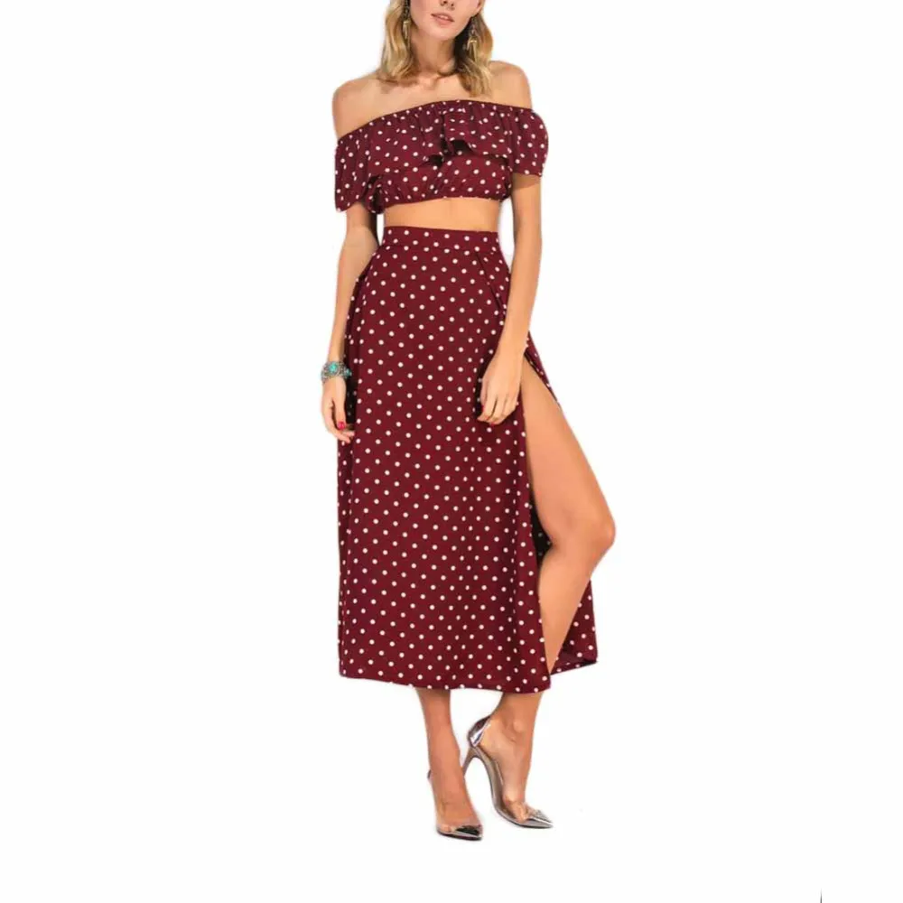 Для женщин 2018 с открытыми плечами красный винтаж в горошек длинное платье летние