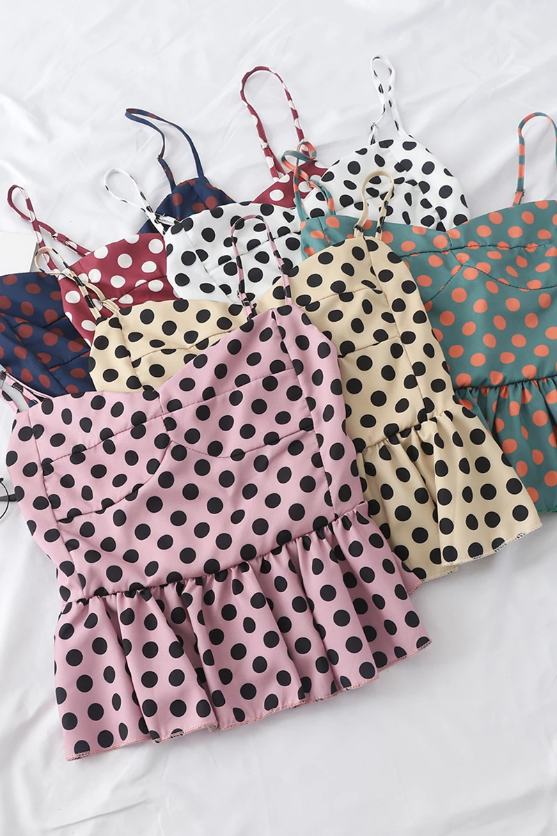 Женская летняя майка в горошек с оборками модный топ на бретельках женская