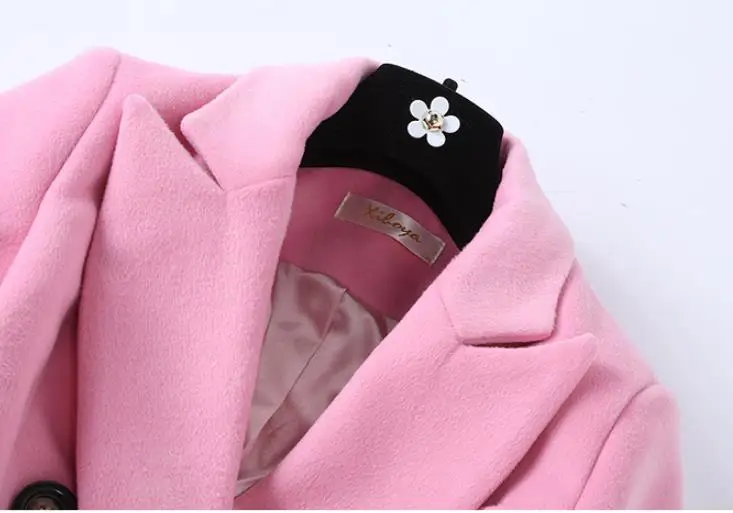 Женское длинное пальто розовое двубортное кашемировое с отложным воротником 2019 |