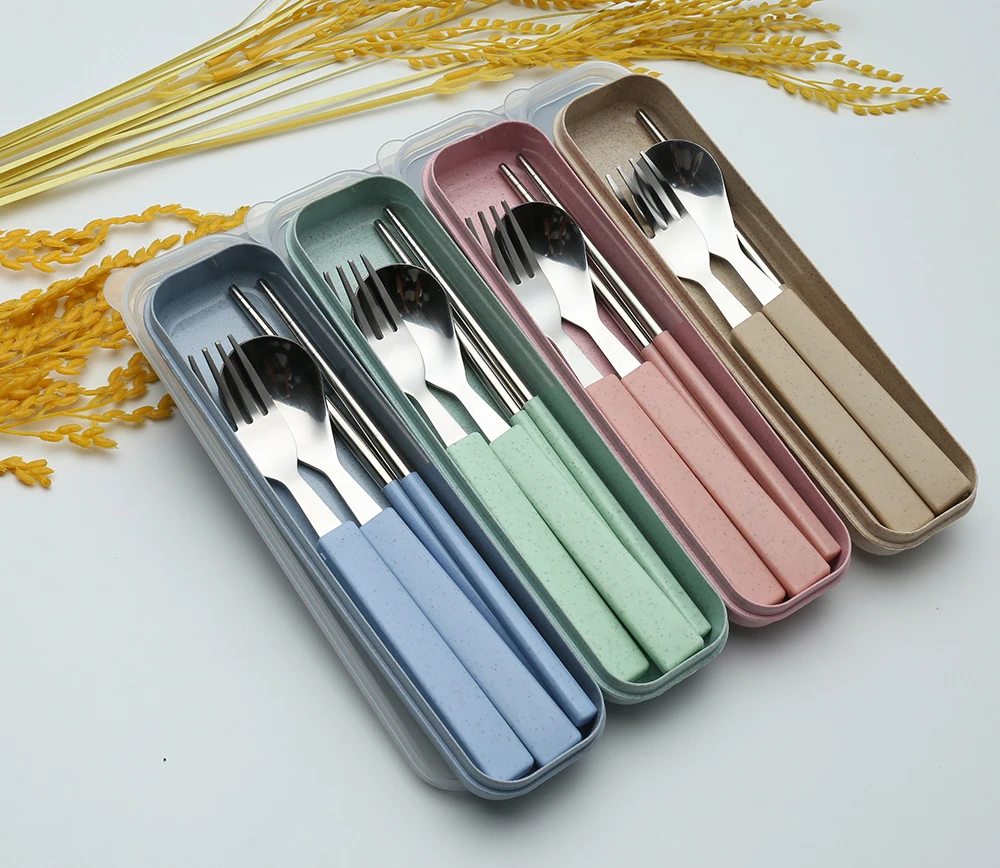 Nordic Color Wheat Straw plastic Dinnerware Set Portable Outdoor Camping Picnic School Kids cutlery Stainless Steel Tableware