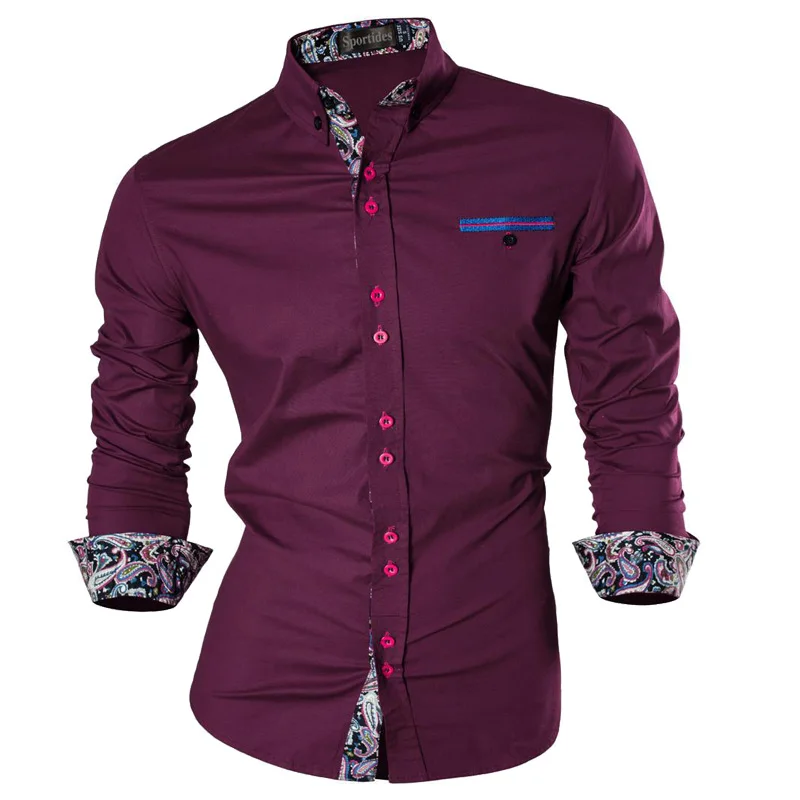 JZS085-WineRed Sportrendy, мужские рубашки, повседневные, модные, с длинным рукавом, облегающие, стильные, с принтом черепа, татуировки, JZS047 - Цвет: JZS085-WineRed