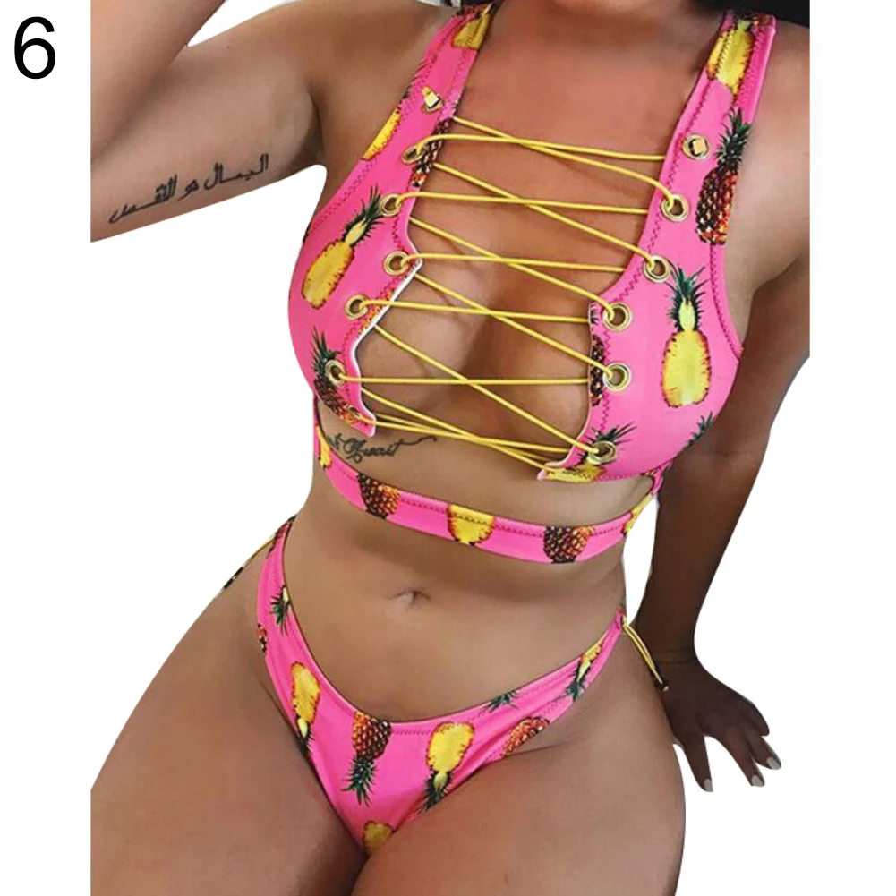

2Pcs/Set Women Lace Up Bikini Set Padded Bra Mesh Swimsuit Bathing Suit Swimwear