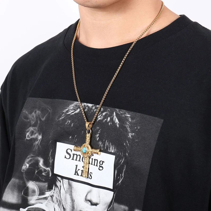 Retro Natural Black Blue Turquoises Cross Pendant Necklace Men Vintage Stainless Steel Religious Jesus Crucifix Male Jewelry | Украшения и