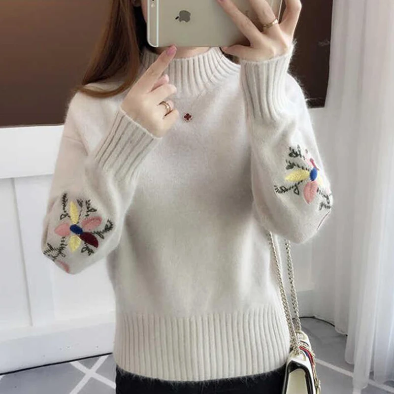 TIGENA Embroidery Turtleneck Sweater Women 2019 Winter Thick Warm Knit Sweaters and Pullovers Female Long Sleeve Jumper Ladies | Женская