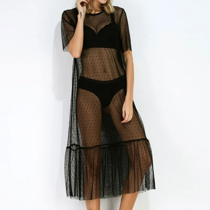 Черный Горячая Черный Cover Up для женщин летние сетчатые Sheer See Through короткий рукав Длинные Топы корректирующие макси пляжное платье Топ пикантн - Цвет: Черный