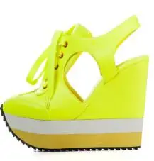 Neon Yellow Розовые ладони Новинка, женская обувь летние Сандалии для девочек супер Босоножки на высокой танкетке Женские сандалии с ремешком на пятке черного, желтого цвета вечерние Повседневное - Цвет: Neon Yellow