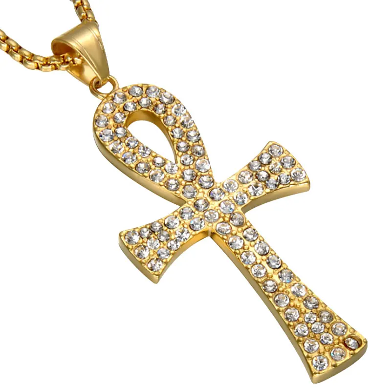 Мужское ожерелье с кристаллами Ankh позолоченное из нержавеющей стали Египетский
