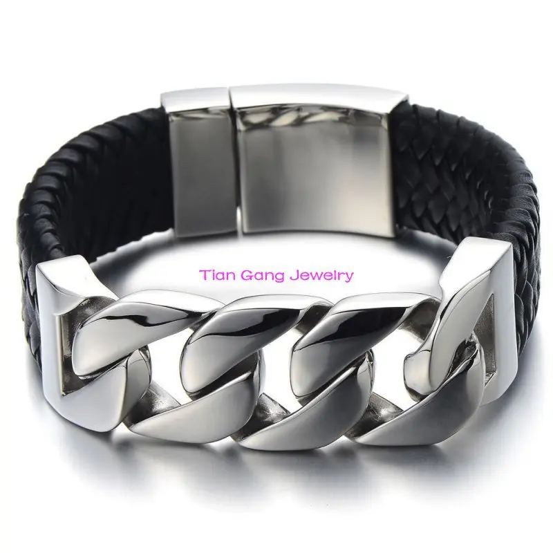 

High Polished New Classical Style Frosted 110g Men Stainless Steel Black Genuine Leather Shiny Curb Bracelet 24mm x 9''