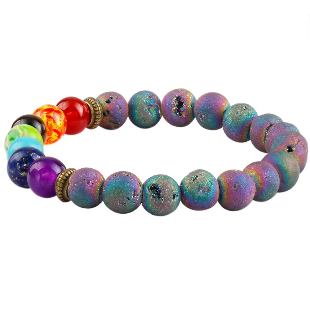 

SUNYIK Rainbow Titanium Coated Druzy Crystal Geode 7 Chakra Healing Gem Stone 8mm Beaded Bracelet