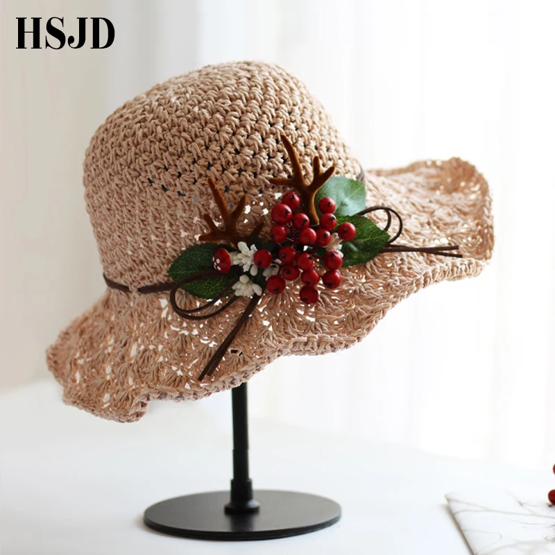 Шляпка плетеная женская с широкими полями милая пляжная Складная Соломенная