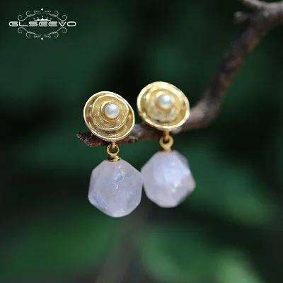 Pink Stone GLSEEVO розовый кристалл белые серьги из натурального пресноводного жемчуга 925 Серебряные подвесные серьги для женщин женские серьги ювелирные изделия GE0103 - Цвет камня: Pink Stone