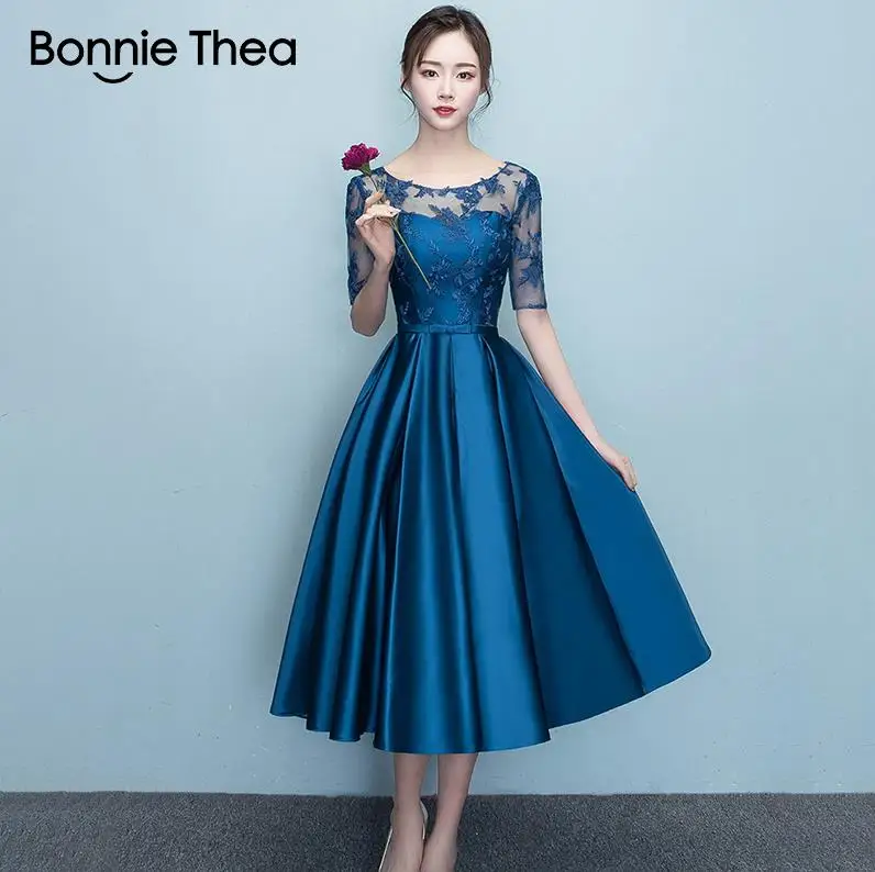 Синий Bonnie Thea женское летнее элегантное голубое вечернее платье, высокое качество, кружевное тонкое модное платье, новинка, женская одежда - Цвет: Синий