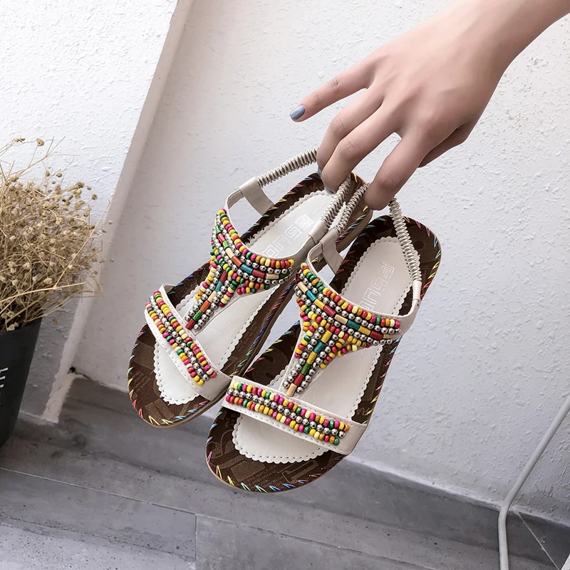 Новые женские сандалии в этническом стиле богемные на плоской подошве пляжная