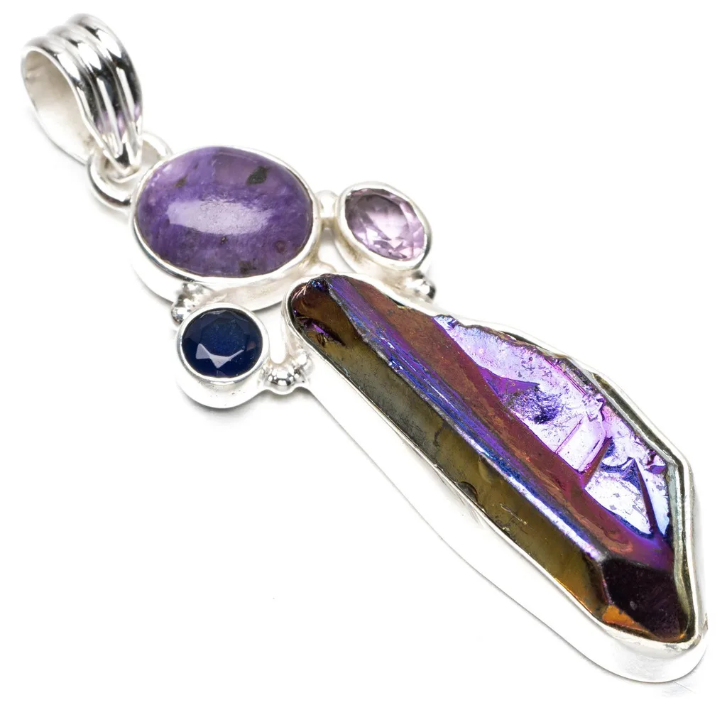 Натуральный аура кварц Чароит иолит и аметист 925 пробы серебряный кулон 2 1/4