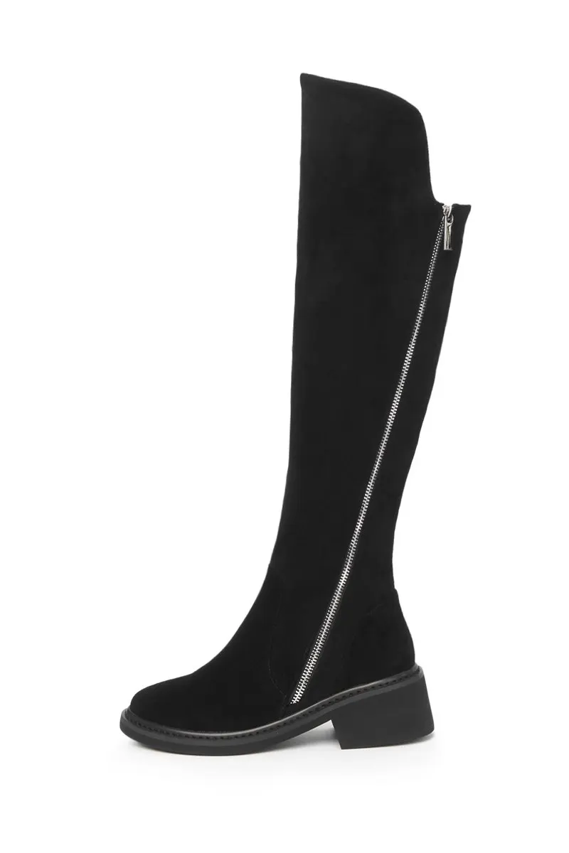 black cow suede Krazing pot/; натуральная кожа; обувь на молнии; высокий толстый каблук; круглый носок; гладиаторы; великолепные мотоциклетные сапоги до колена; L97 - Цвет: black cow suede