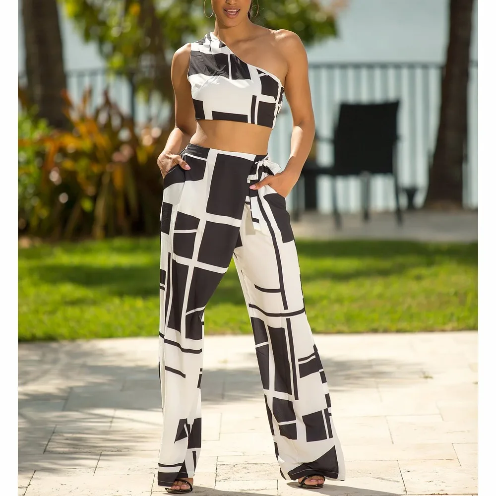 Tilapia slim new sexy girl club party sets one shoulder top long pants 2in1 fashion set sleeveless geometric women |