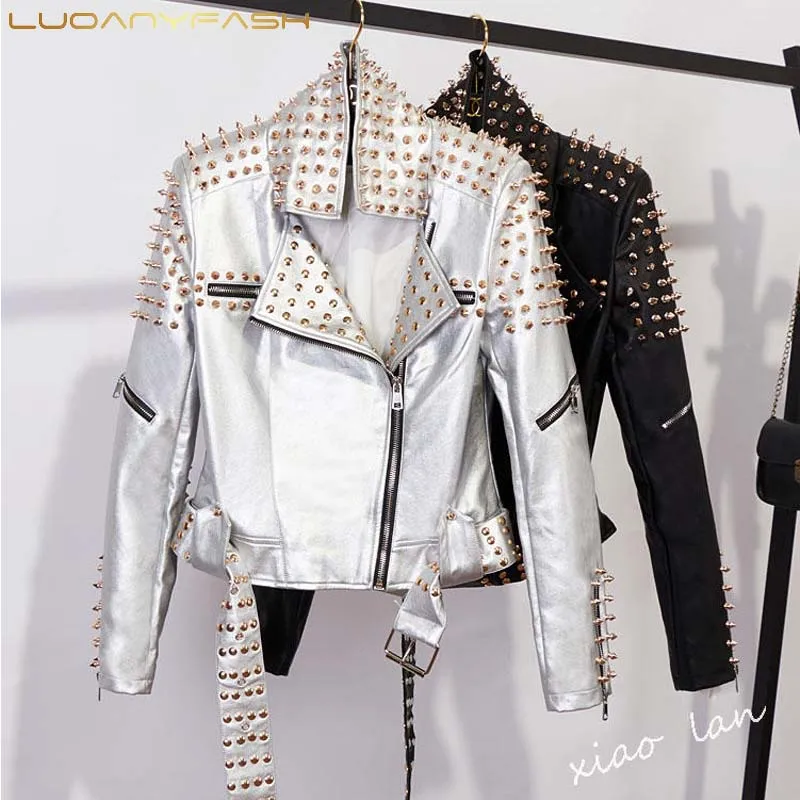Luoanyfash 2018 streetThick Серебряная кожаная куртка для женщин с заклепками в стиле панк
