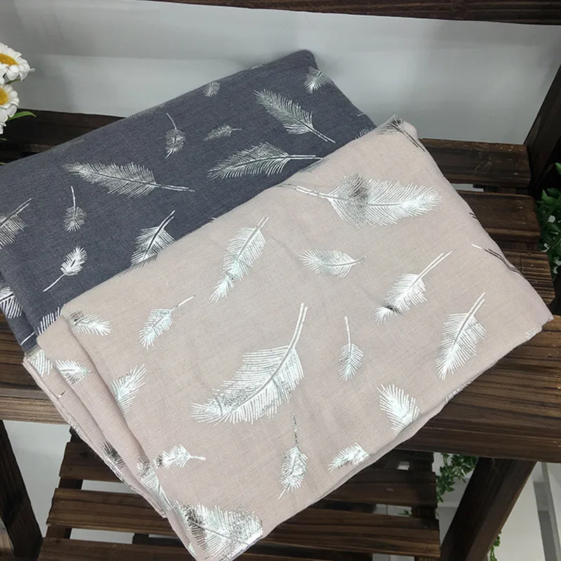 

brand designer Cotton long scarf hijab fashion women headband shawl Silver feather print female Women's scarves