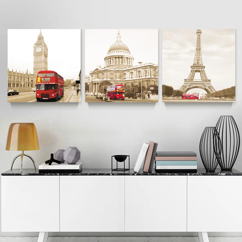 

CLSTROSE 3 Pieces Canvas Painting London Building City Red Bus Canvas Poster Print For Living Room Home Decor For Living Room