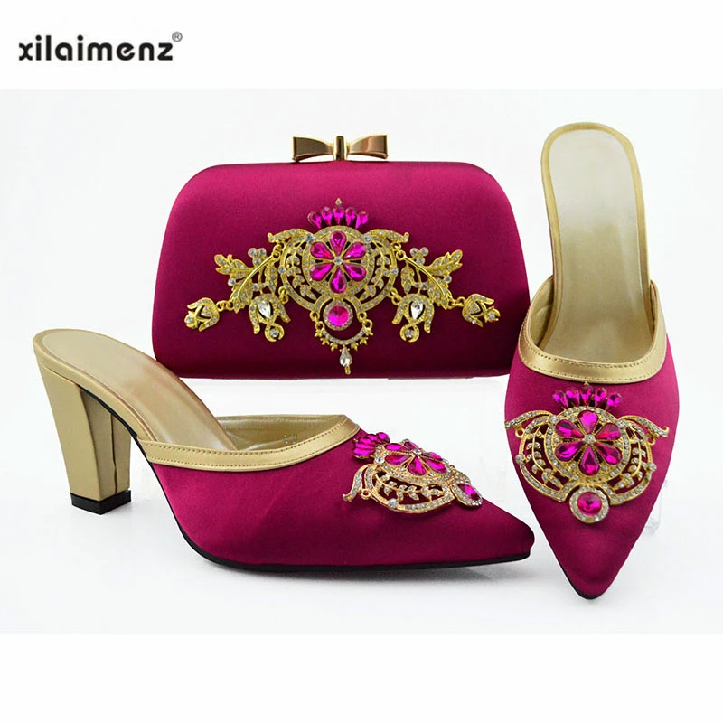 

Magenta Nice Design Italian Rhinestone Shoes With Matching Bags Latest African Women Pointed Toe Slipper and Bags Set On Sale