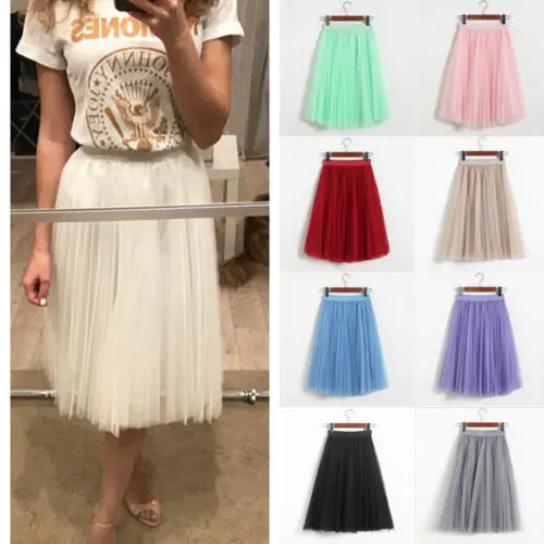 

High Waist Lace Pleated Solid Women Tulle Mesh 62cm Skirt Elastic