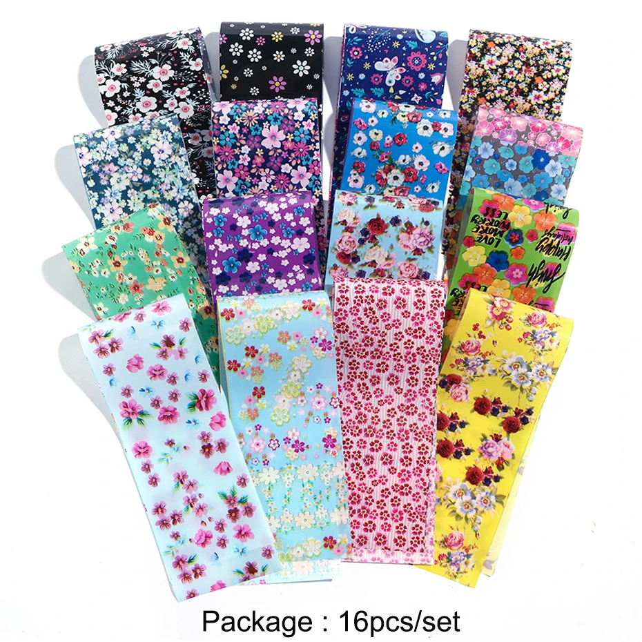 16pcs Starry Sky Foil For Nails Colorful Bloom Flowers Sliders Nail Art Transfer Foil Decal Gel Full Wrap Decorations Set LA1024