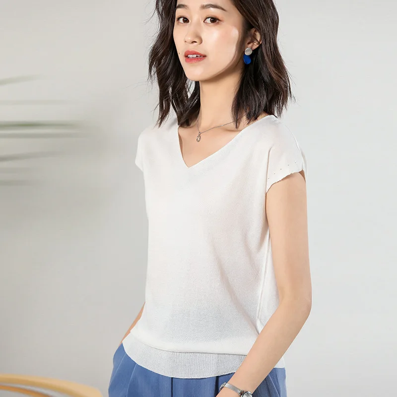 BELIARST 2019 Summer New Ice Silk Short-sleeved Woman V-neck Sweater Slim Sleeveless Pullover Thin Section Large Size | Женская одежда