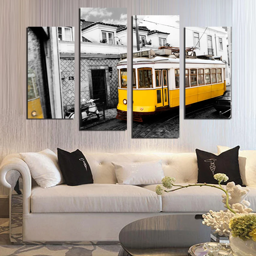 Ретро стиль 4 шт желтый автобус холст печать картина домашний декор уличный