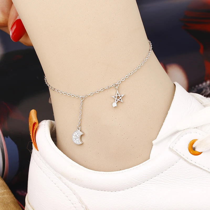 Женский ножной браслет с Луной и звездой из 100% стерлингового серебра 925 пробы