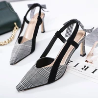 2019 summer new ladys shoe pointy scottish plaid pattern fashion high heel sandal bow bow empty after high heel pumps women