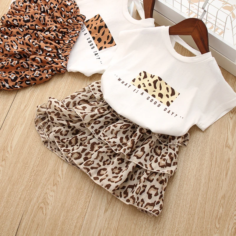 Girls Clothes Set Summer White Shirt with Chiffon Leopard Cake Skirt 2 Pieces Sets Little Kids Cotton Clothing Suit