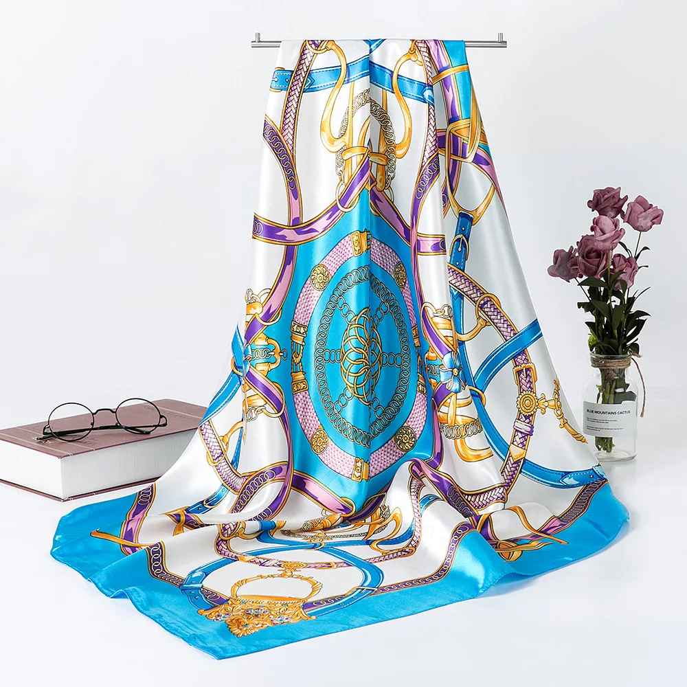 Женский шарф в китайском стиле темно синий розовый зимний брендовый квадратный