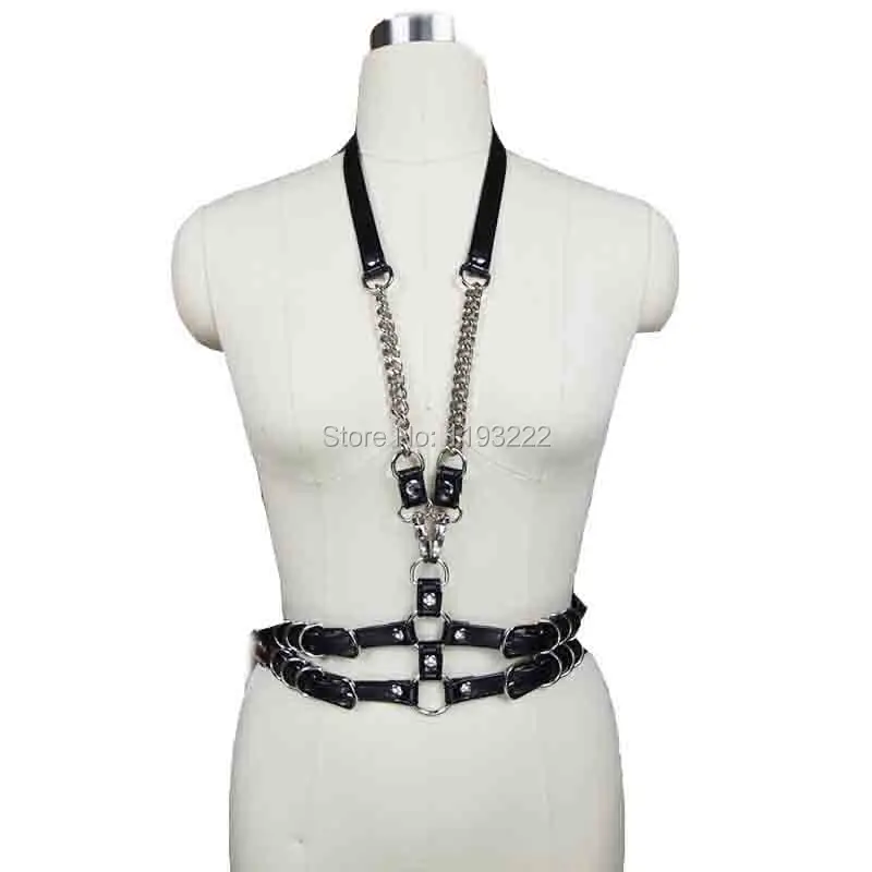 Fashion Sexy Punk Studio Cosplay Halter Choker Harness Chains Leather Bra Bustier Sculpting Belt Waist Straps