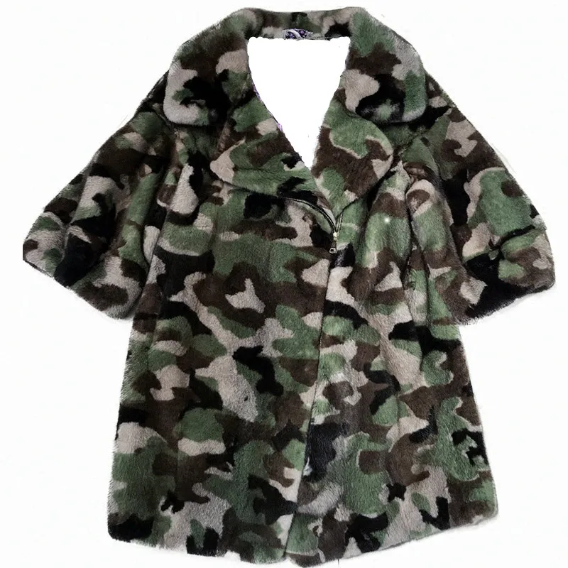 

85cm Green Camouflage Rex Rabbit Fur Coat Outwear Garment Jackets Jacket Plus Large Suit Turn Down Collar Zipper Custom Plus