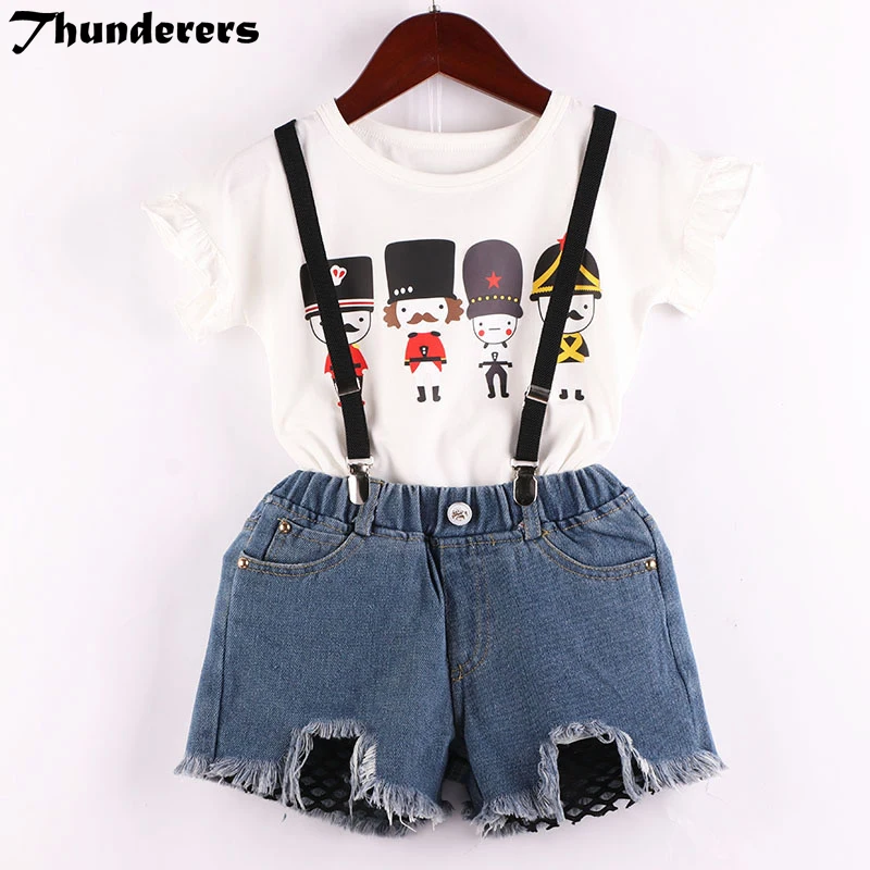 

Комплекты одежды для девочек, новинка 2018, футболка с мультяшным рисунком и ремешком, джинсовые шорты, милые комплекты детской одежды