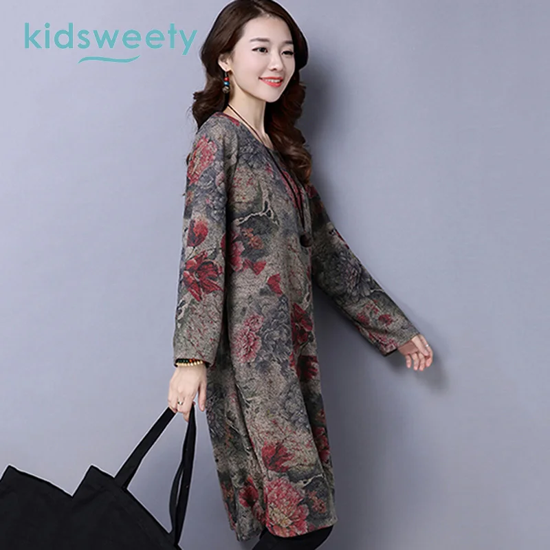 Kidsweety женские платья из хлопка и льна с длинными рукавами круглым вырезом в