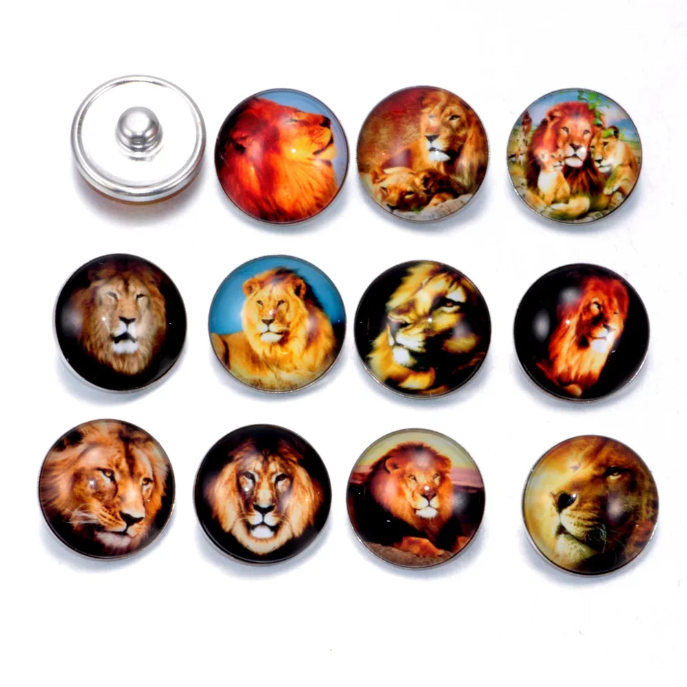 12pcs/lot Lion Pattern Charms 18mm Glass Snap Button For DIY Bracelet Snaps Jewelry KZ0192 | Украшения и аксессуары