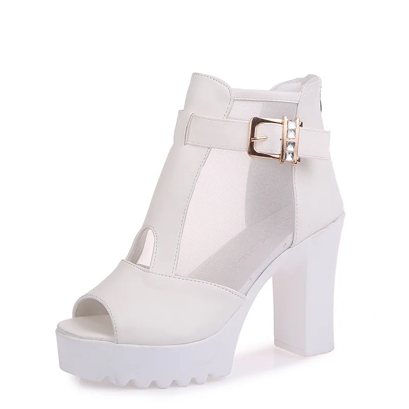 White HOKSVZY2019 women's Shoes Fish Mouth Sandals women's high-heeled Mesh Thick With Summer Hollow Mesh Cold Boots SGLL-308 - Color: White