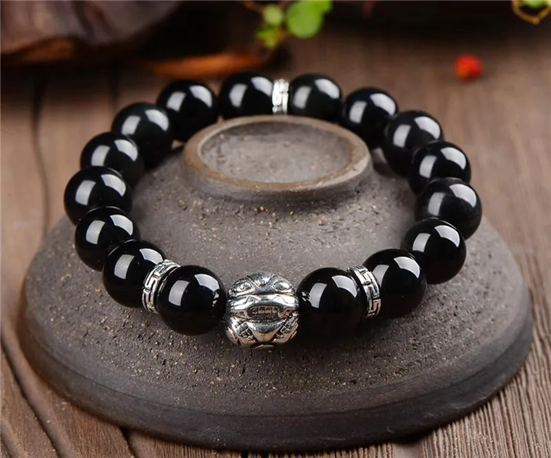 Натуральный черный браслет из обсидиана буддийская молитва тибетское серебро
