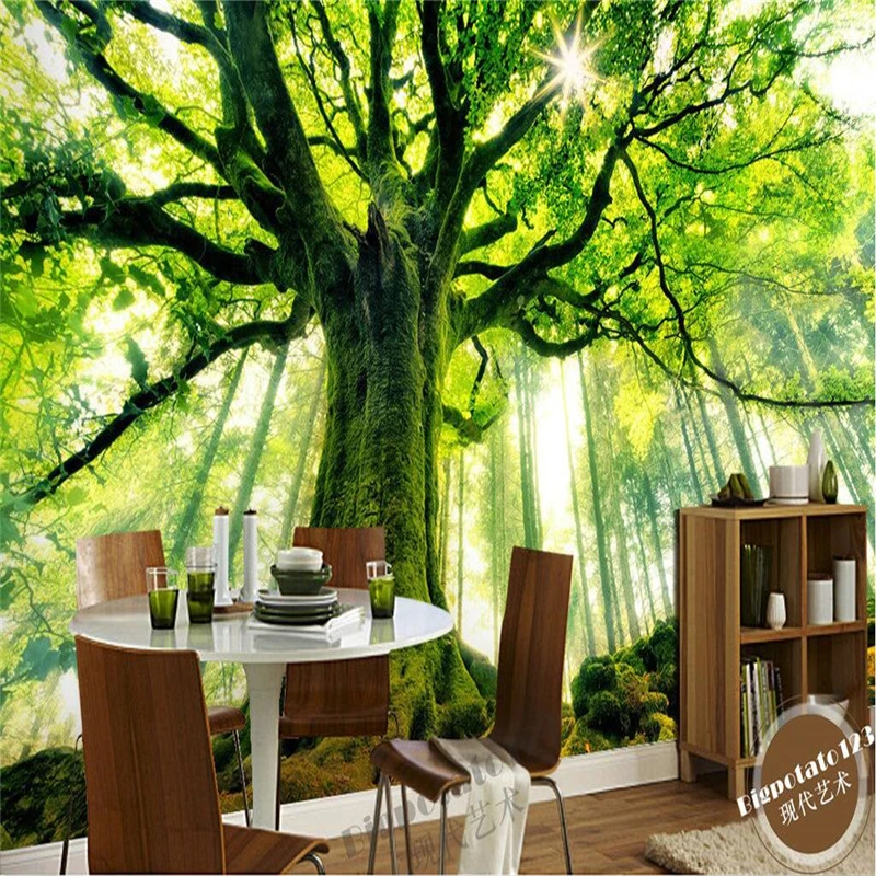 beibehang Green Trees Forest Sunlight Tree Painting TV Background Wallpaper Wall Fresco Living Room Sofa Bedroom Custom Size |