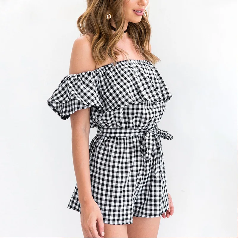 Женский комбинезон с открытыми плечами LOGAMI Летний в клетку листьями лотоса