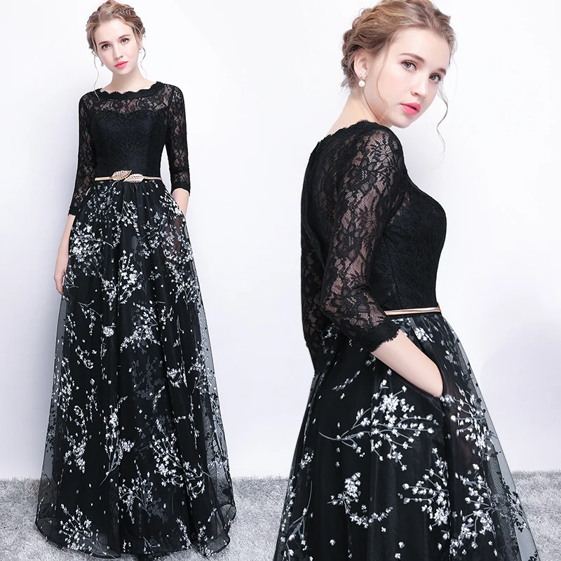 Женское длинное вечернее платье SSYFashion элегантное черное в пол с кружевными