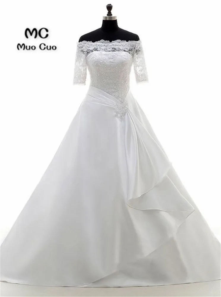 

2018 Off Shoulder Wedding Dresses with Half Sleeves Lace Appliques Robe de mariage vestido de noiva Count Train Bridal Gowns