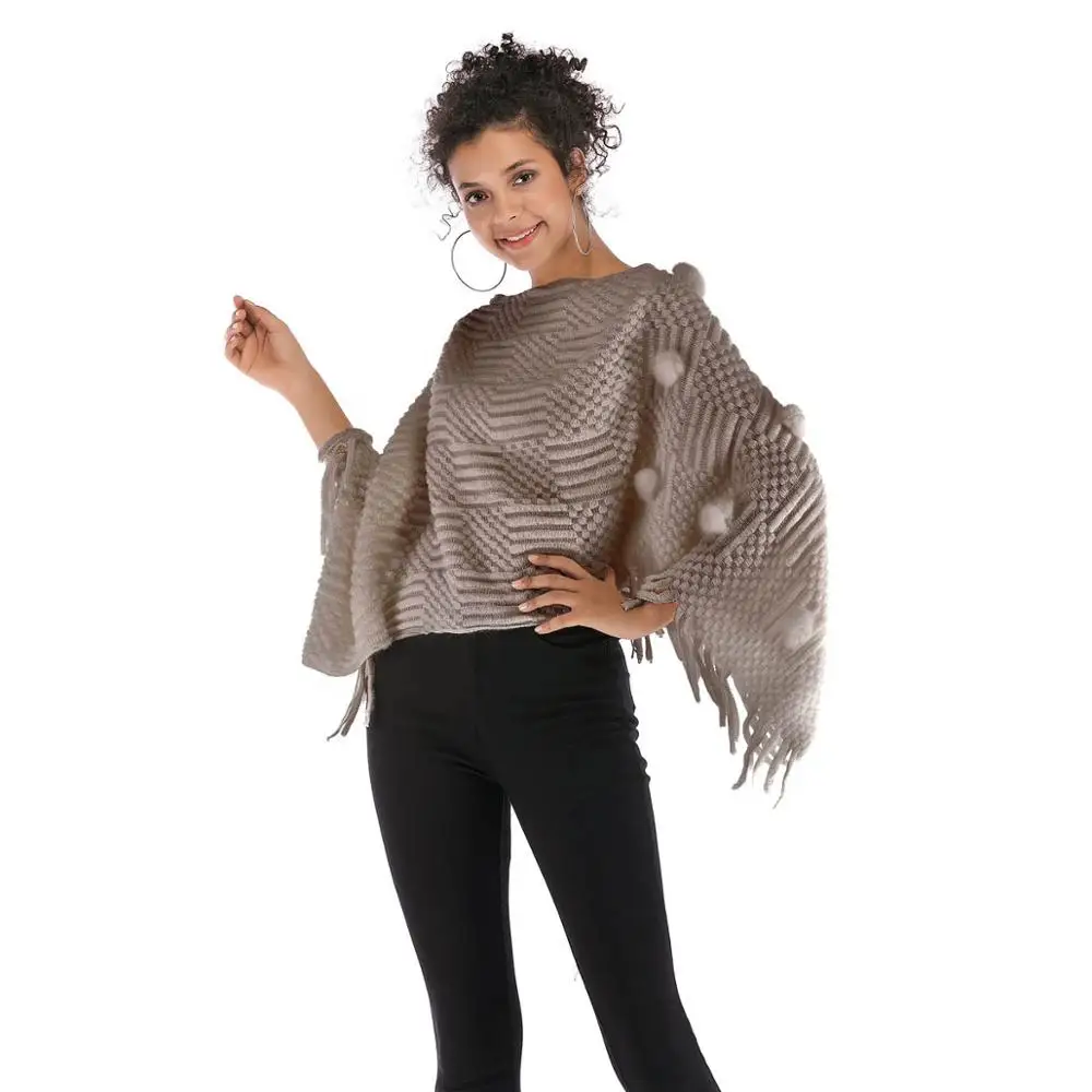 Women's V-Neck Fur Ball Shawl Cape Tassel Irregular Knitted Coat High Quality Free Size |
