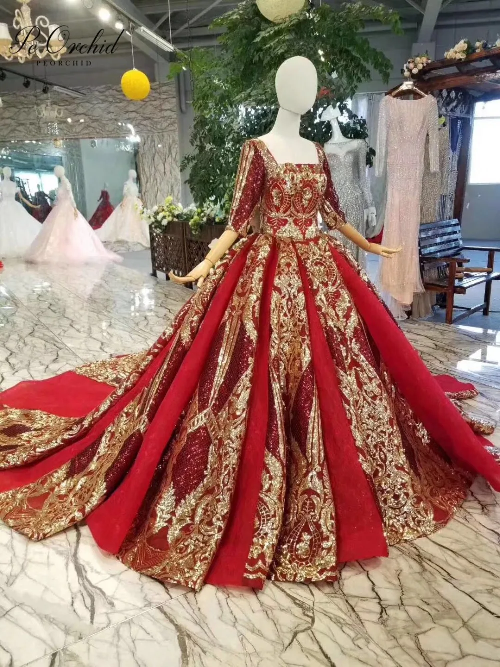 PEORCHID Dubai Luxury Gold Sequin Evening Dress With Sleeves 2019 Keyhole Back Wine Red Arabic Formal Gowns Vestidos De Madrinha