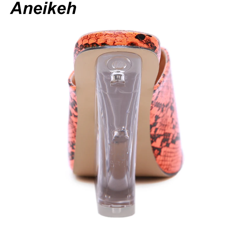 Aneikeh/Новые прозрачные женские туфли из ПВХ под змеиную кожу; модельные шлепанцы на высоком каблуке; летние модные Шлёпанцы на танкетке без застежки; женские туфли без задника