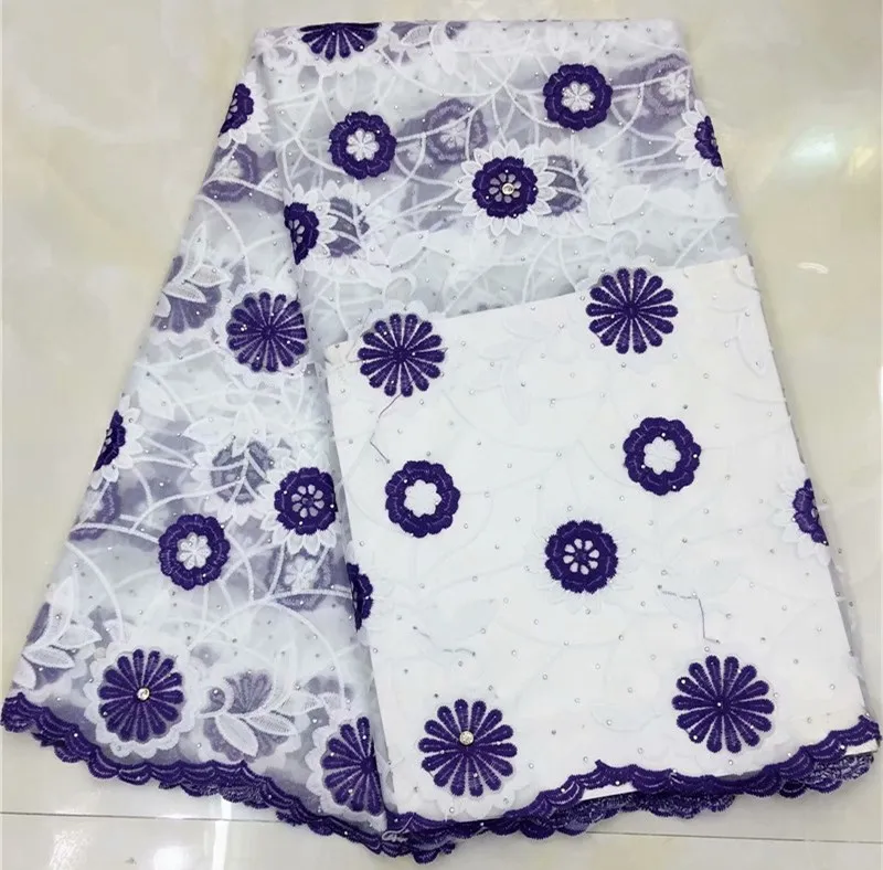 Фиолетовая 3D Цветочная вышитая африканская Тюлевая кружевная ткань с камнем для