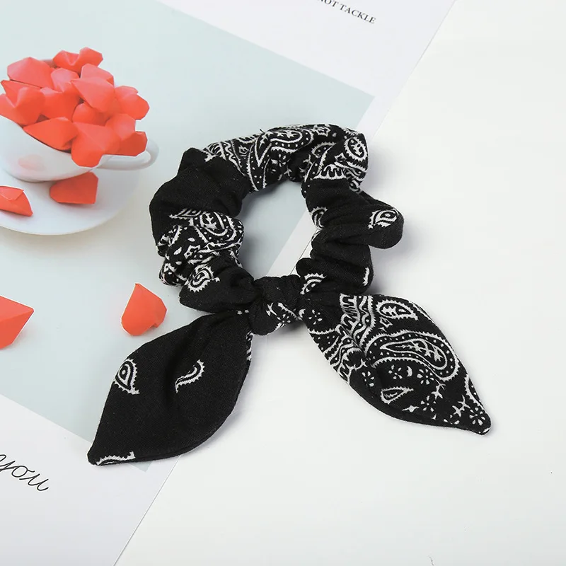 Black JZJR женские Boho печать резинки для волос Банни уха резинки для волос девушки бант узел аксессуары с узором конский хвост держатель - Цвет: Black
