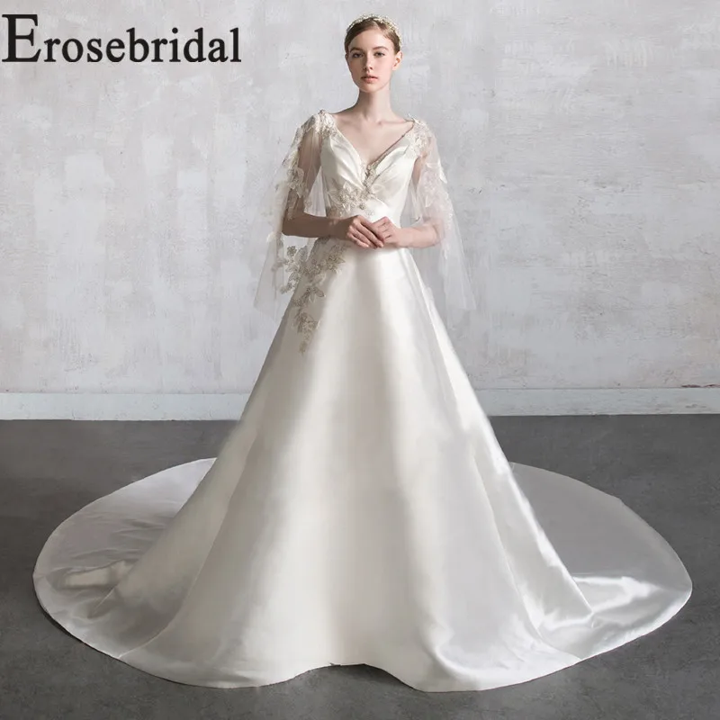 Женское атласное платье на шнуровке Erosebridal простое свадебное с v-образным вырезом