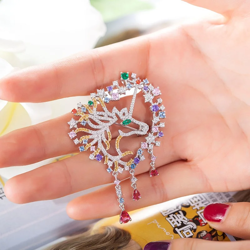 

YP321 925 Sterling Silver Cubic Zircon Colorful Animal Unicorn Brooch Lady Wukong HE Brooch Elegant Women Wedding Jewelry